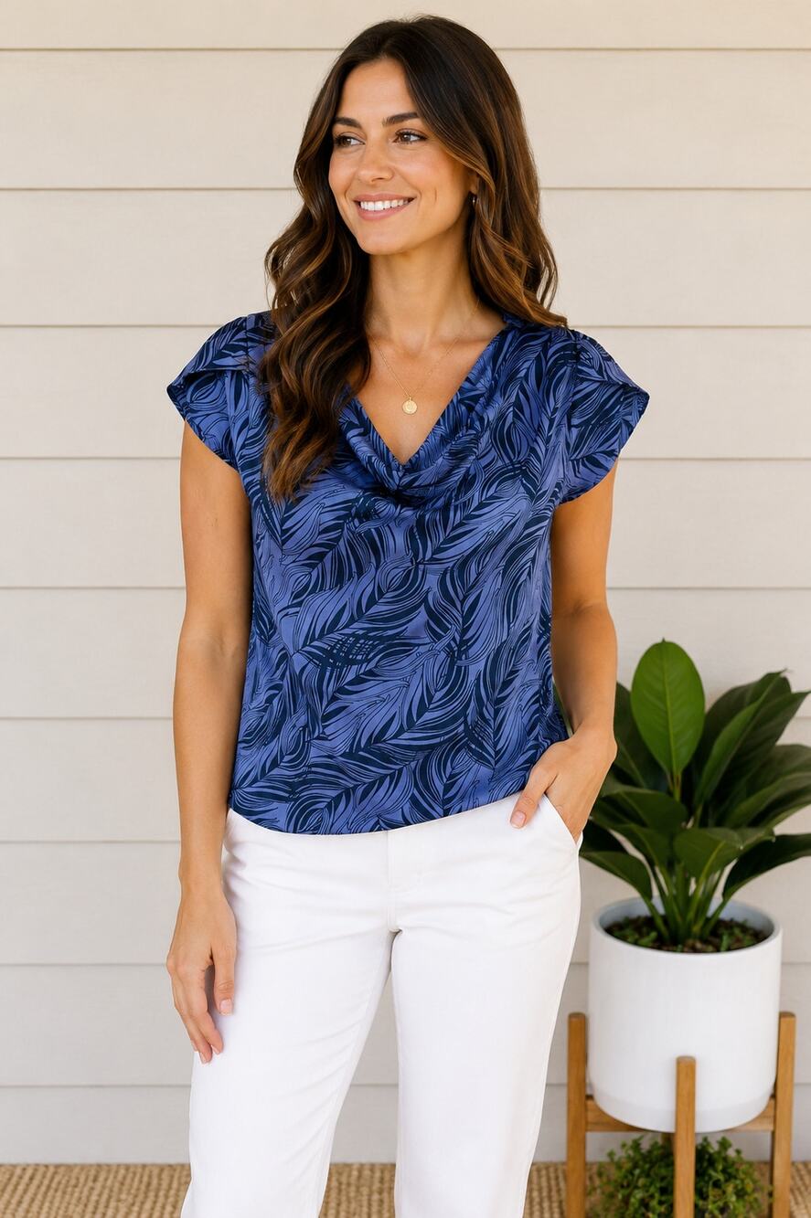 Banana Republic Blue Leaf Print Cowl Neck Blouse Size Small